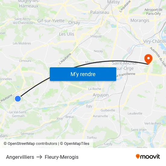 Angervilliers to Fleury-Merogis map