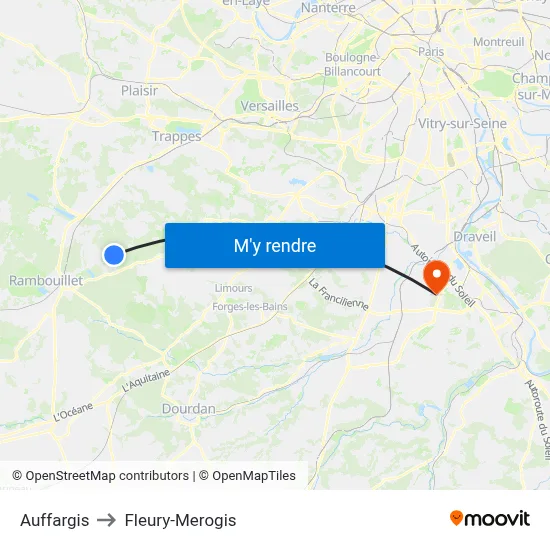 Auffargis to Fleury-Merogis map