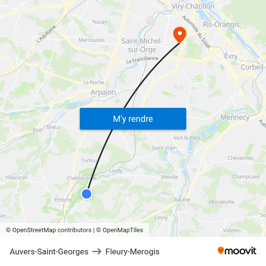 Auvers-Saint-Georges to Fleury-Merogis map