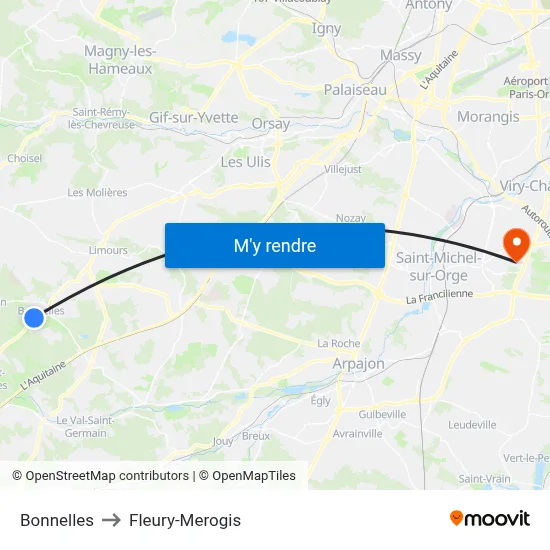 Bonnelles to Fleury-Merogis map