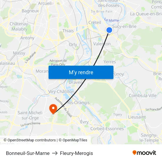 Bonneuil-Sur-Marne to Fleury-Merogis map