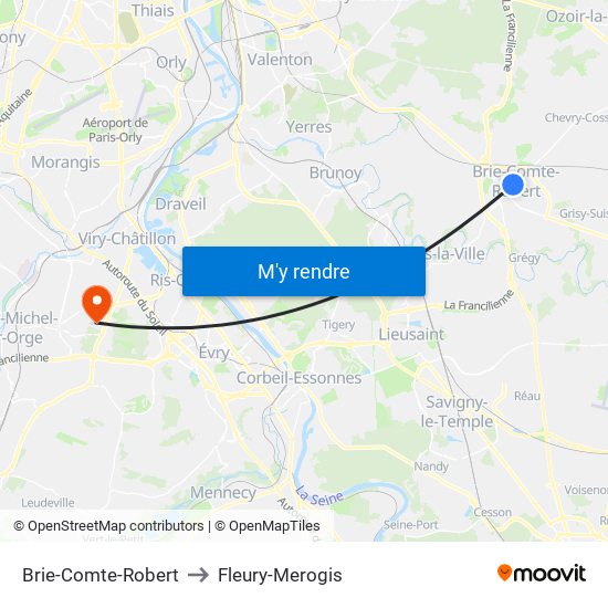 Brie-Comte-Robert to Fleury-Merogis map