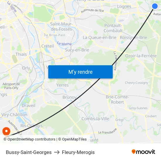 Bussy-Saint-Georges to Fleury-Merogis map