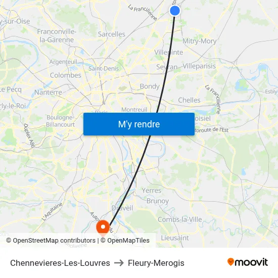 Chennevieres-Les-Louvres to Fleury-Merogis map