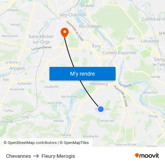 Chevannes to Fleury-Merogis map