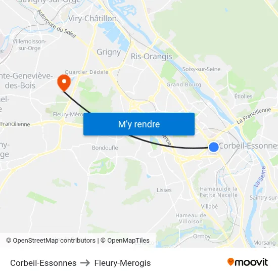 Corbeil-Essonnes to Fleury-Merogis map