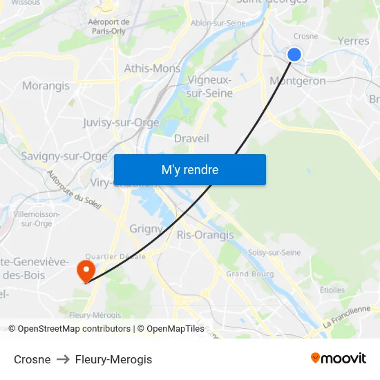 Crosne to Fleury-Merogis map