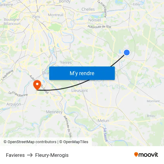 Favieres to Fleury-Merogis map