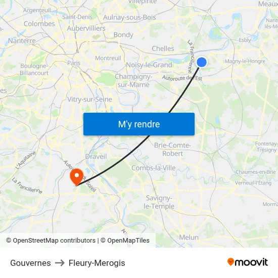 Gouvernes to Fleury-Merogis map