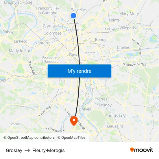 Groslay to Fleury-Merogis map