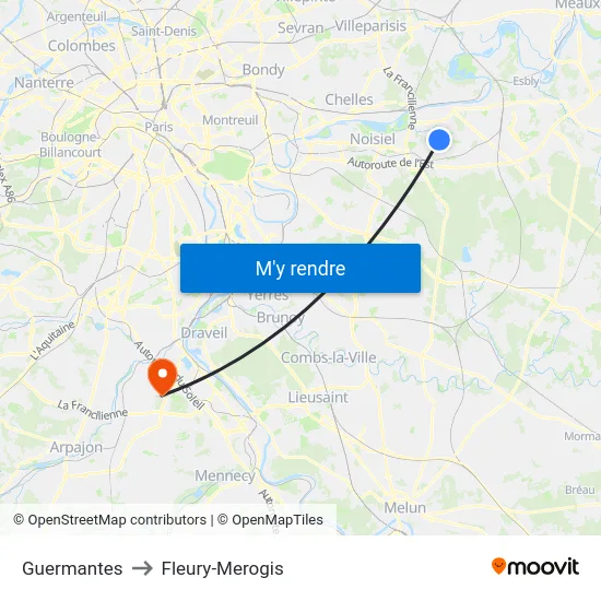 Guermantes to Fleury-Merogis map