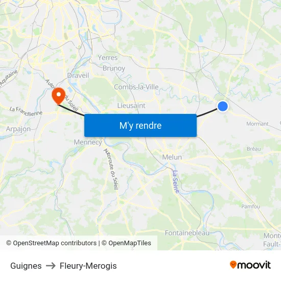 Guignes to Fleury-Merogis map