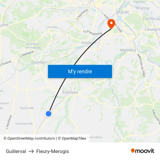 Guillerval to Fleury-Merogis map