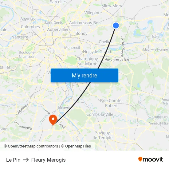 Le Pin to Fleury-Merogis map