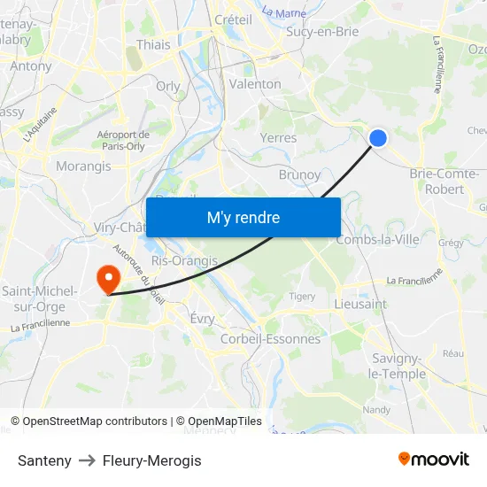 Santeny to Fleury-Merogis map