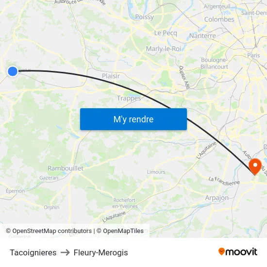 Tacoignieres to Fleury-Merogis map
