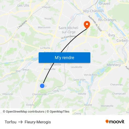 Torfou to Fleury-Merogis map