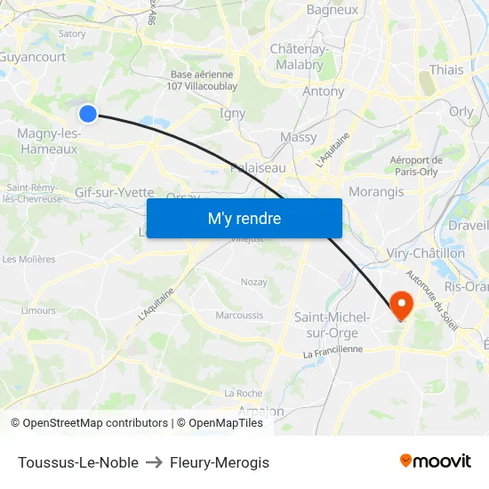 Toussus-Le-Noble to Fleury-Merogis map