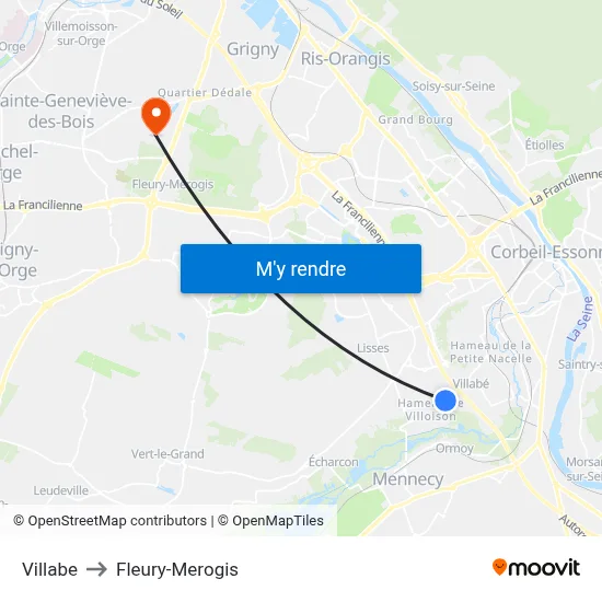 Villabe to Fleury-Merogis map