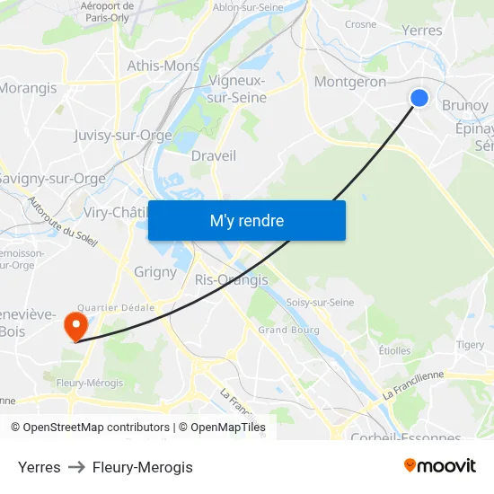Yerres to Fleury-Merogis map