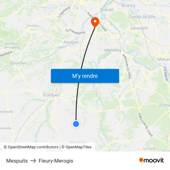 Mespuits to Fleury-Merogis map