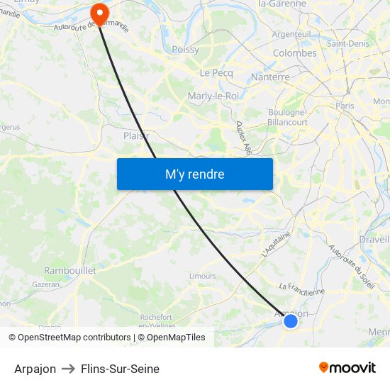 Arpajon to Flins-Sur-Seine map