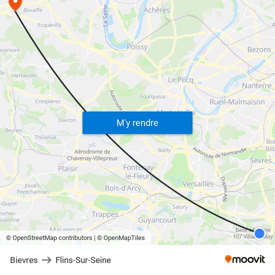 Bievres to Flins-Sur-Seine map