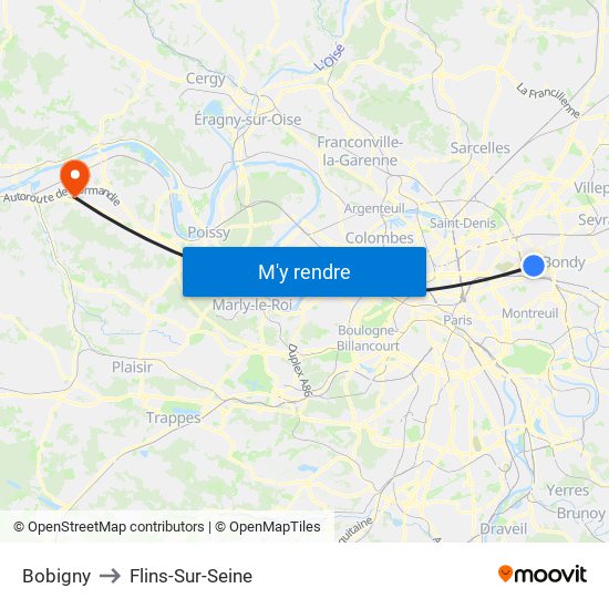 Bobigny to Flins-Sur-Seine map