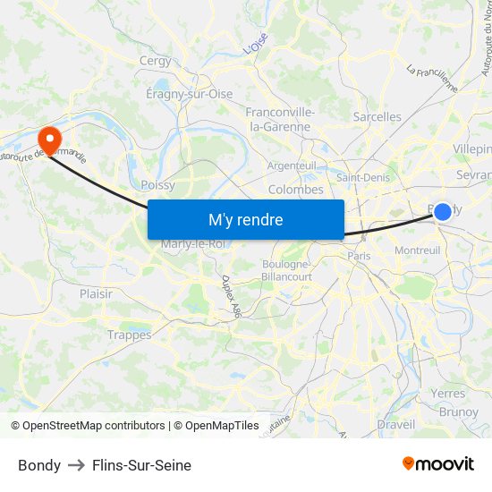 Bondy to Flins-Sur-Seine map