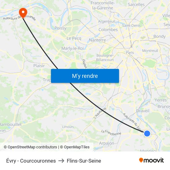 Évry - Courcouronnes to Flins-Sur-Seine map