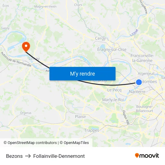Bezons to Follainville-Dennemont map