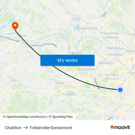 Chatillon to Follainville-Dennemont map