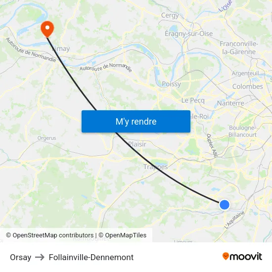Orsay to Follainville-Dennemont map