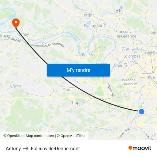 Antony to Follainville-Dennemont map
