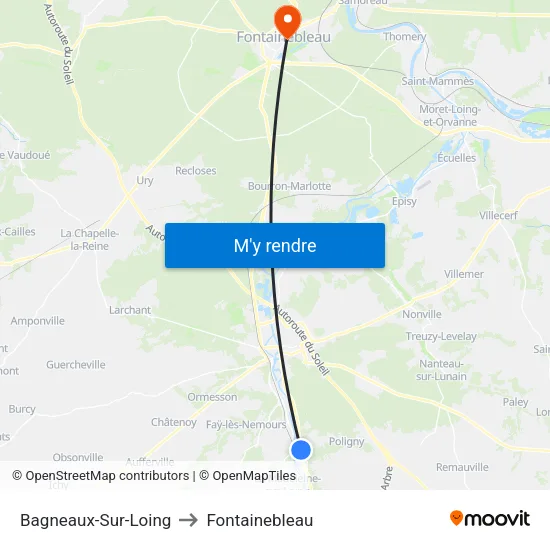 Bagneaux-Sur-Loing to Fontainebleau map