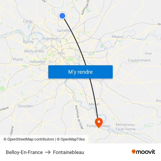 Belloy-En-France to Fontainebleau map