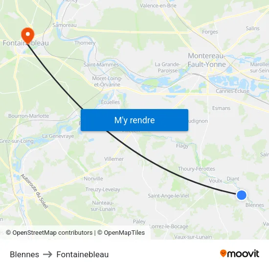 Blennes to Fontainebleau map