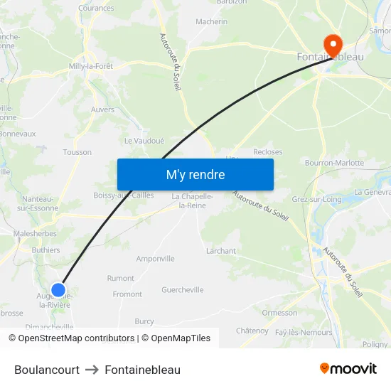 Boulancourt to Fontainebleau map