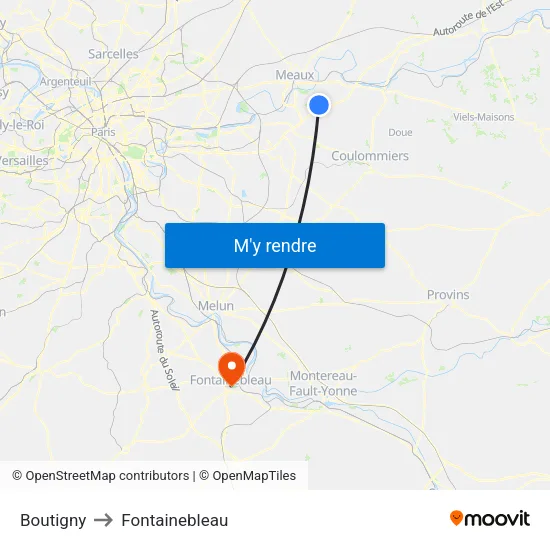 Boutigny to Fontainebleau map