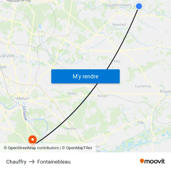 Chauffry to Fontainebleau map