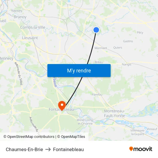Chaumes-En-Brie to Fontainebleau map