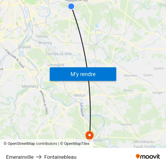 Emerainville to Fontainebleau map