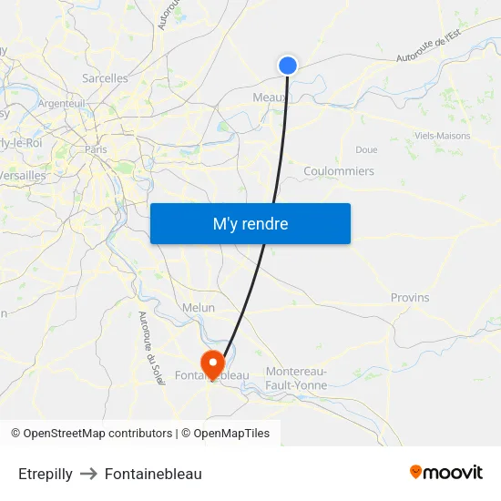 Etrepilly to Fontainebleau map