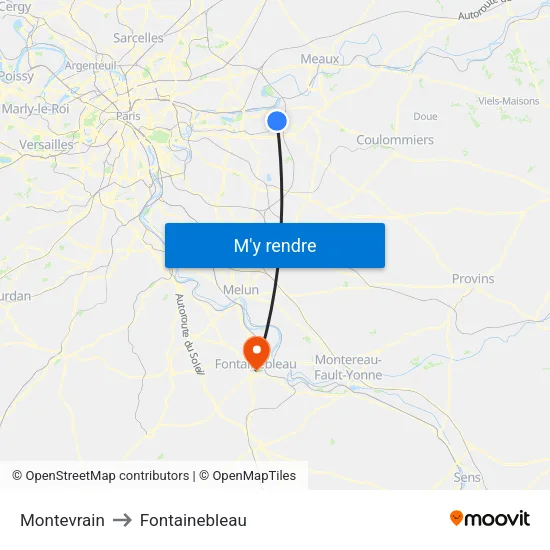 Montevrain to Fontainebleau map