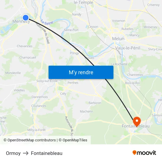 Ormoy to Fontainebleau map
