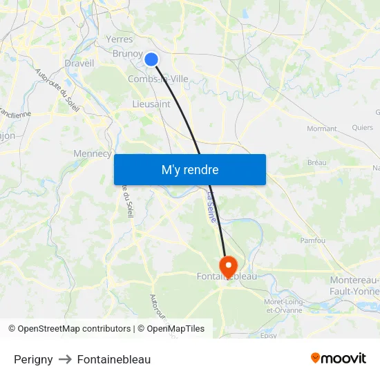 Perigny to Fontainebleau map