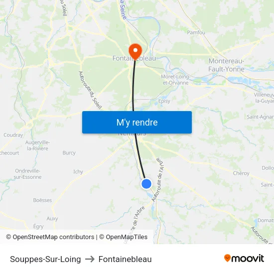 Souppes-Sur-Loing to Fontainebleau map