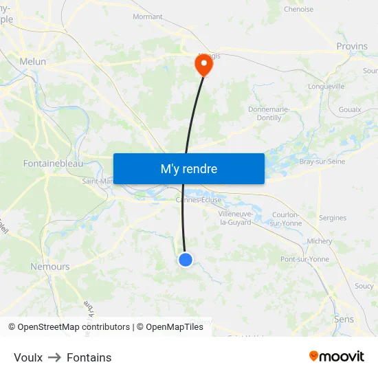 Voulx to Fontains map