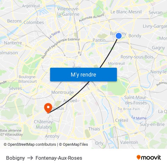 Bobigny to Fontenay-Aux-Roses map