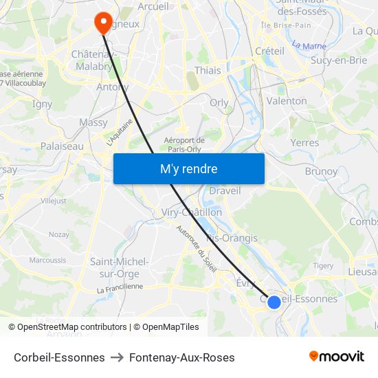 Corbeil-Essonnes to Fontenay-Aux-Roses map